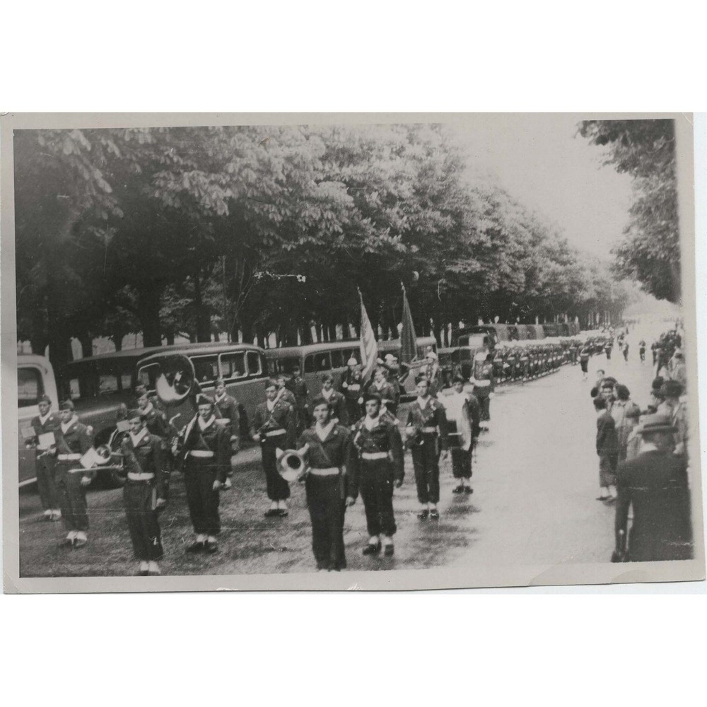 Vintage Mid-Century Photo Marching Band Parade Military Uniforms & Buses